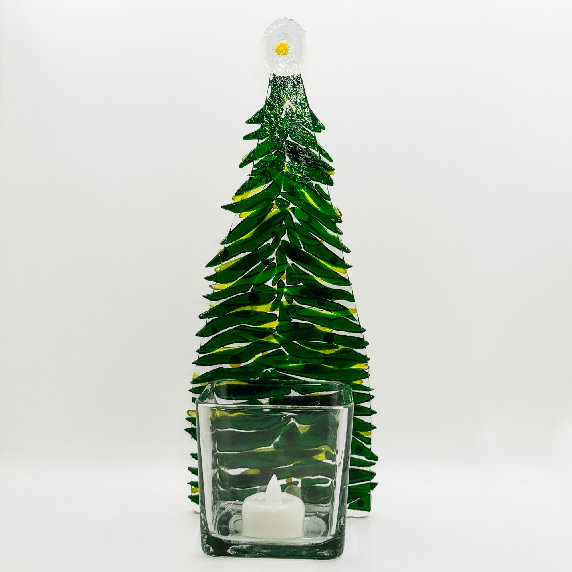 Fused glass Xmas tree dark green with yellow balls