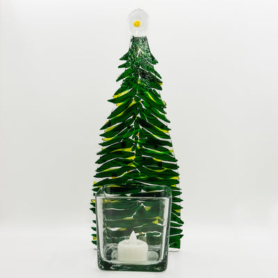 Fused glass Xmas tree dark green with yellow balls