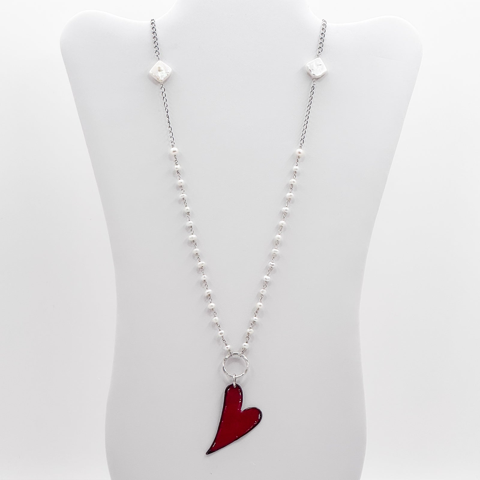 Enamel copper heart pendant on pearl chain necklace