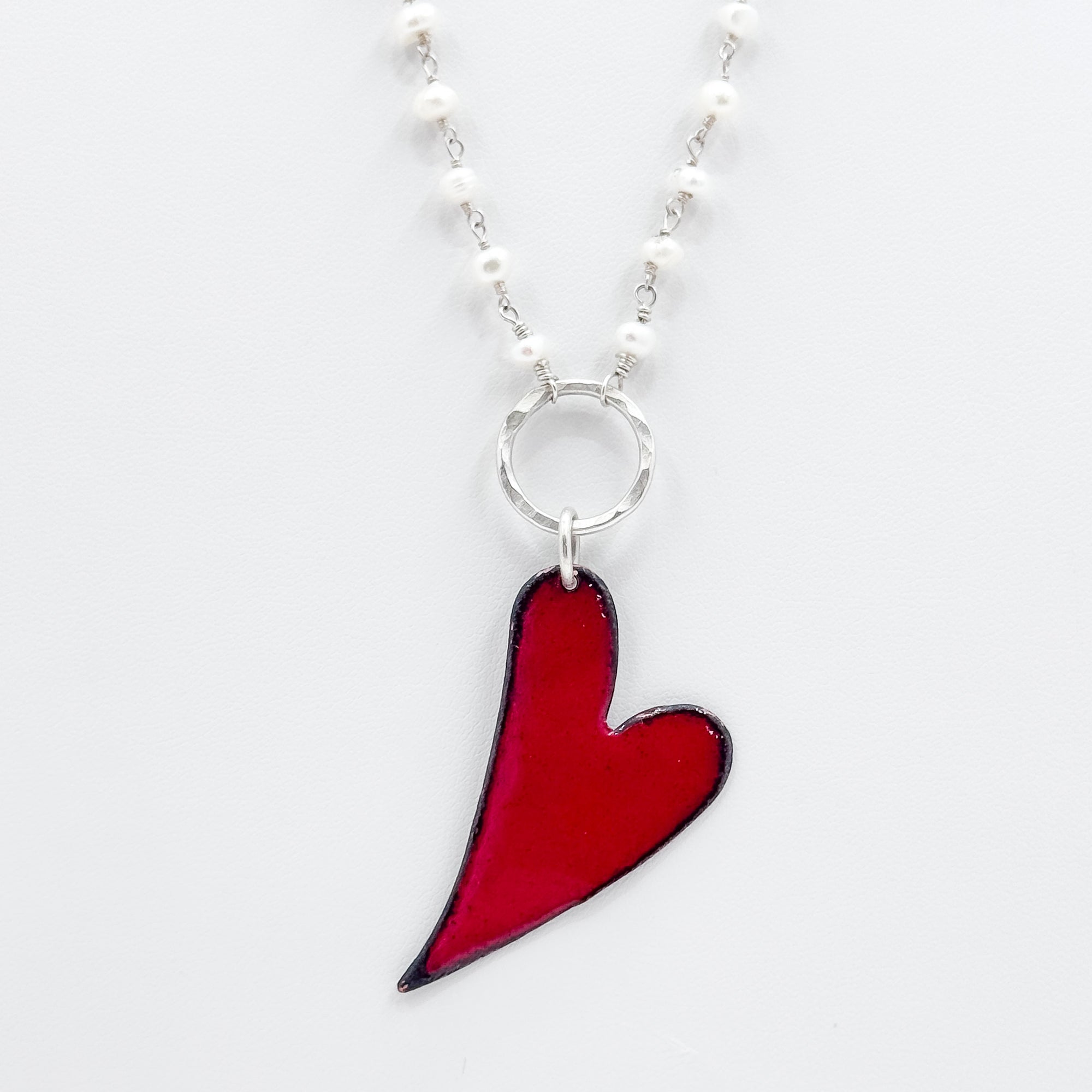 Enamel copper heart pendant on pearl chain necklace