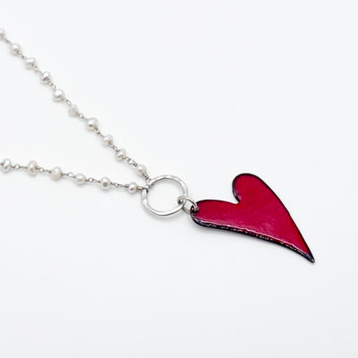 Enamel copper heart pendant on pearl chain necklace