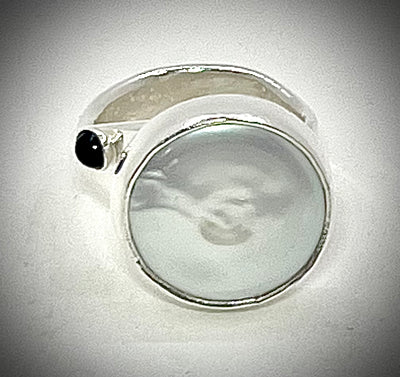 White Coin Pearl Ring with London Blue Topaz