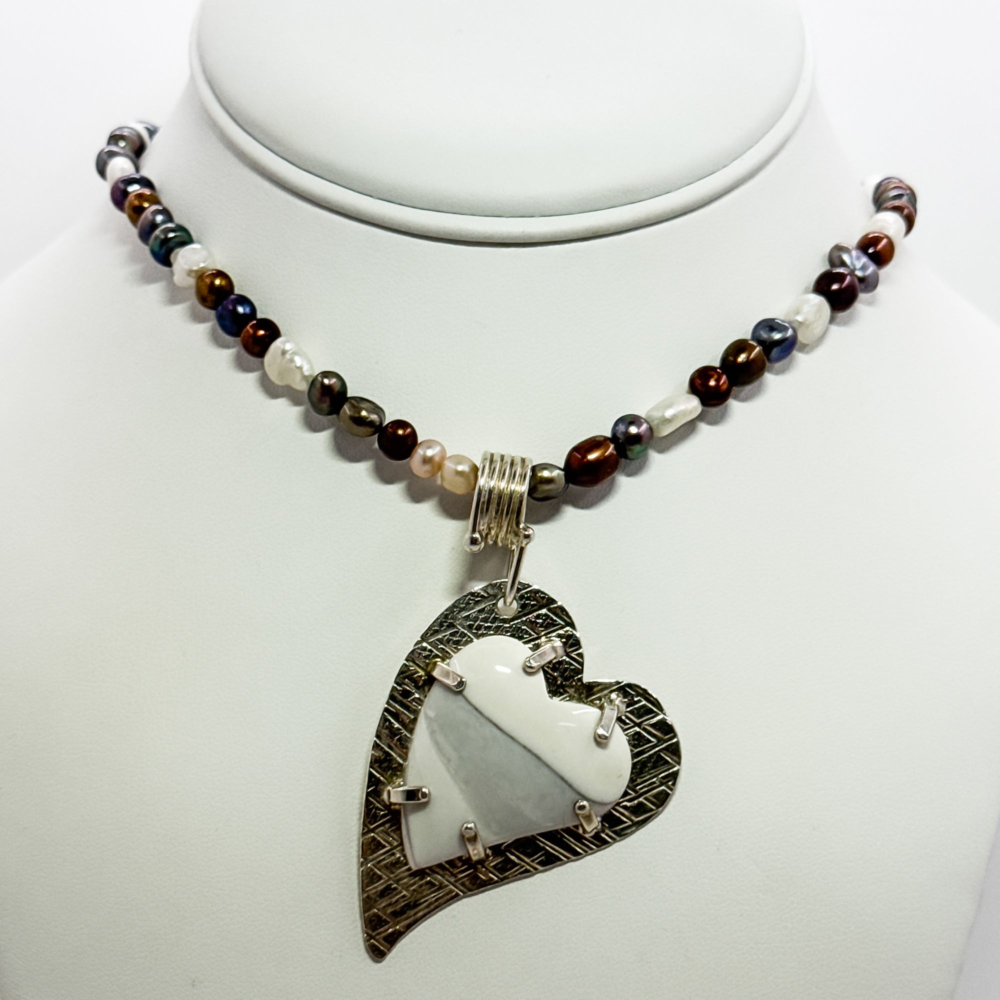 Jasper Heart pendant on single strand multicolor pearl necklace