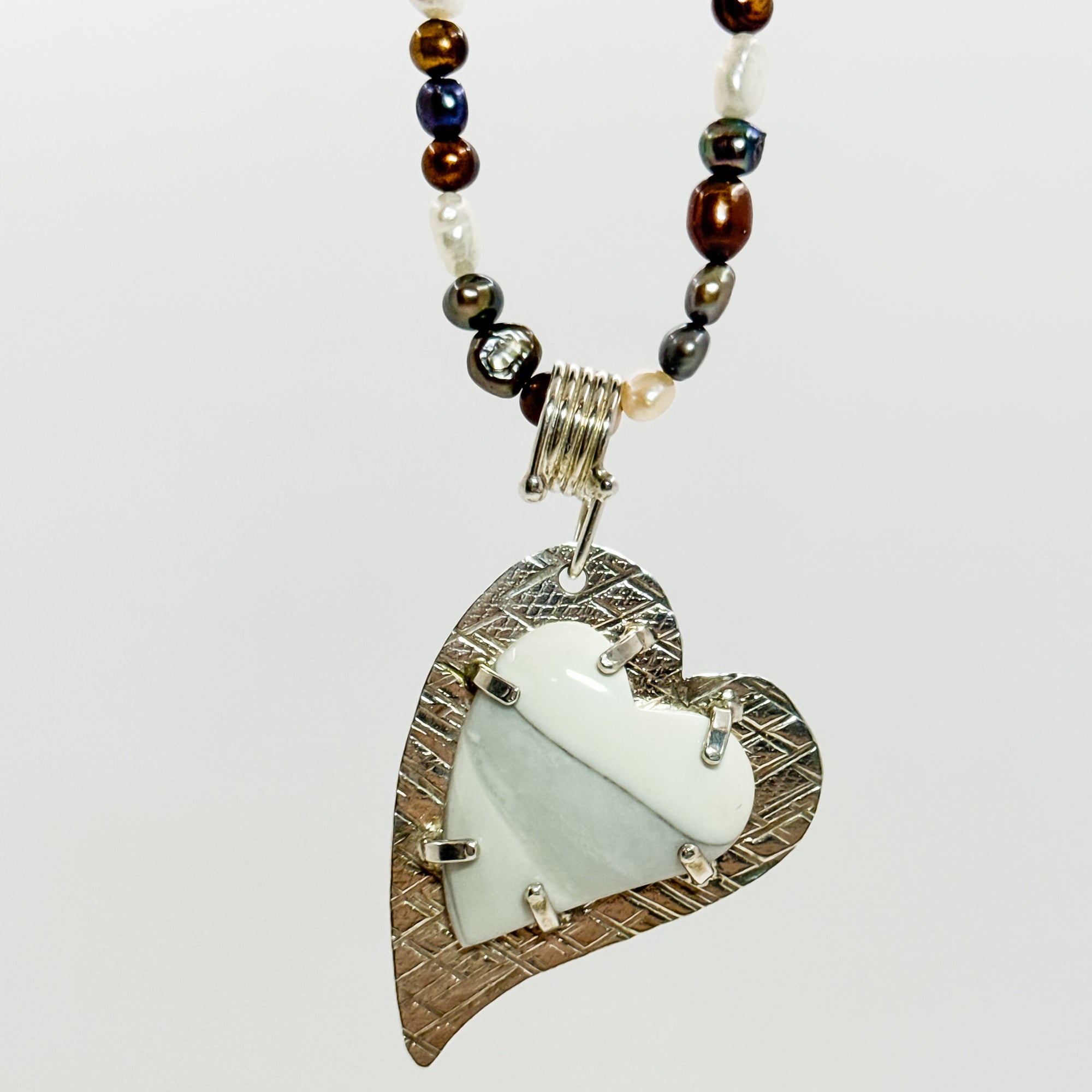Jasper Heart pendant on single strand multicolor pearl necklace