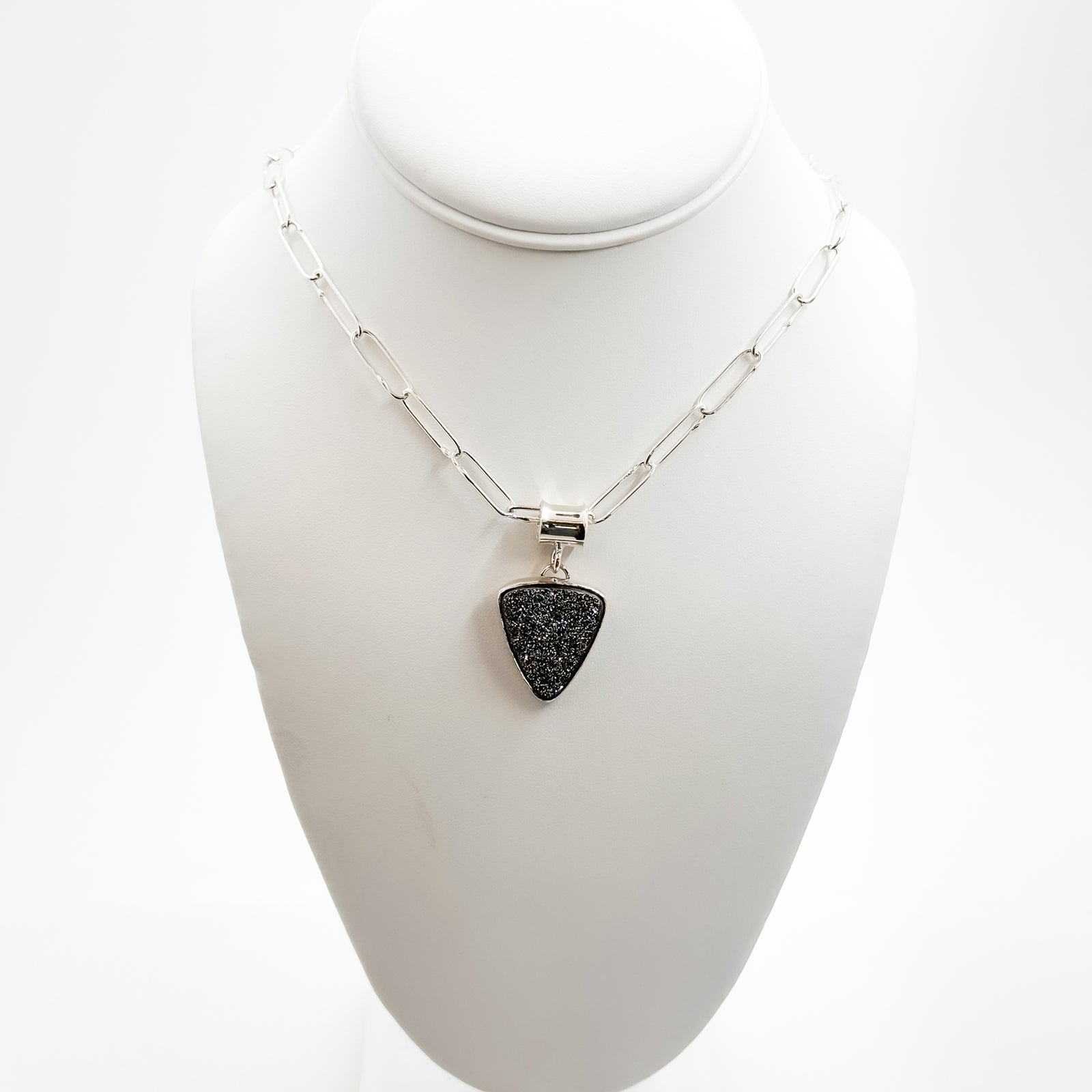 Sterling Silver Psilomelane Triangle Druzy Pendant