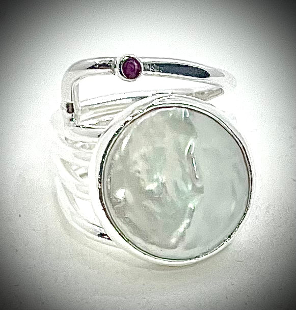 White Coin Pearl and Ruby Ring