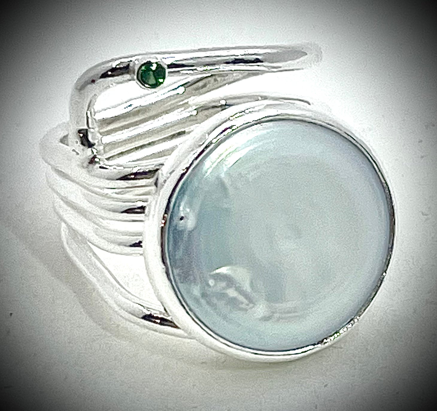 White Coin Pearl and Tsavorite Ring