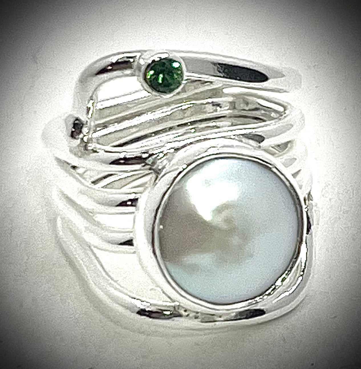 White Coin Pearl and Tsavorite Wrap Ring