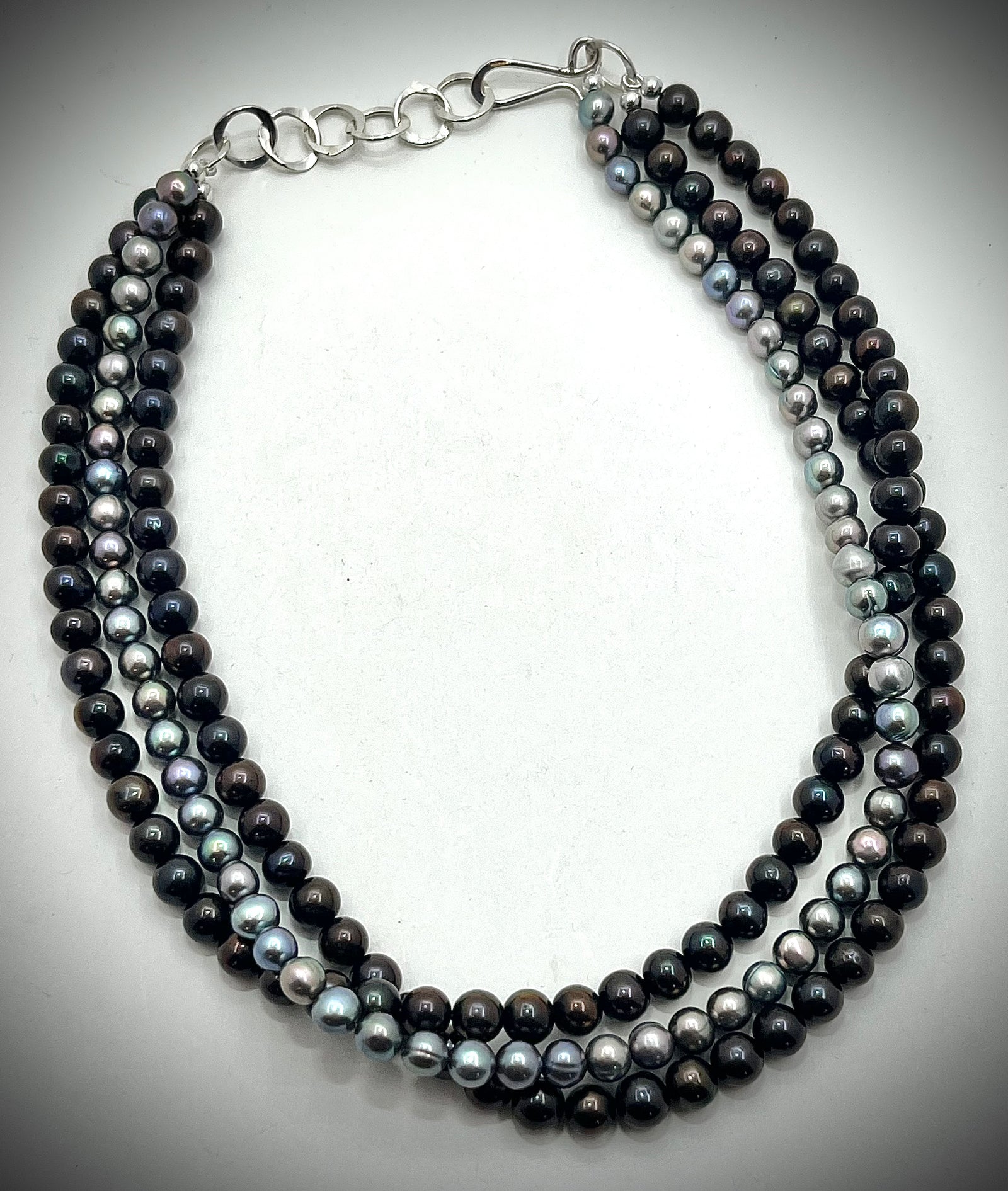 Triple Strand Peacock and Grey Pearl Necklace