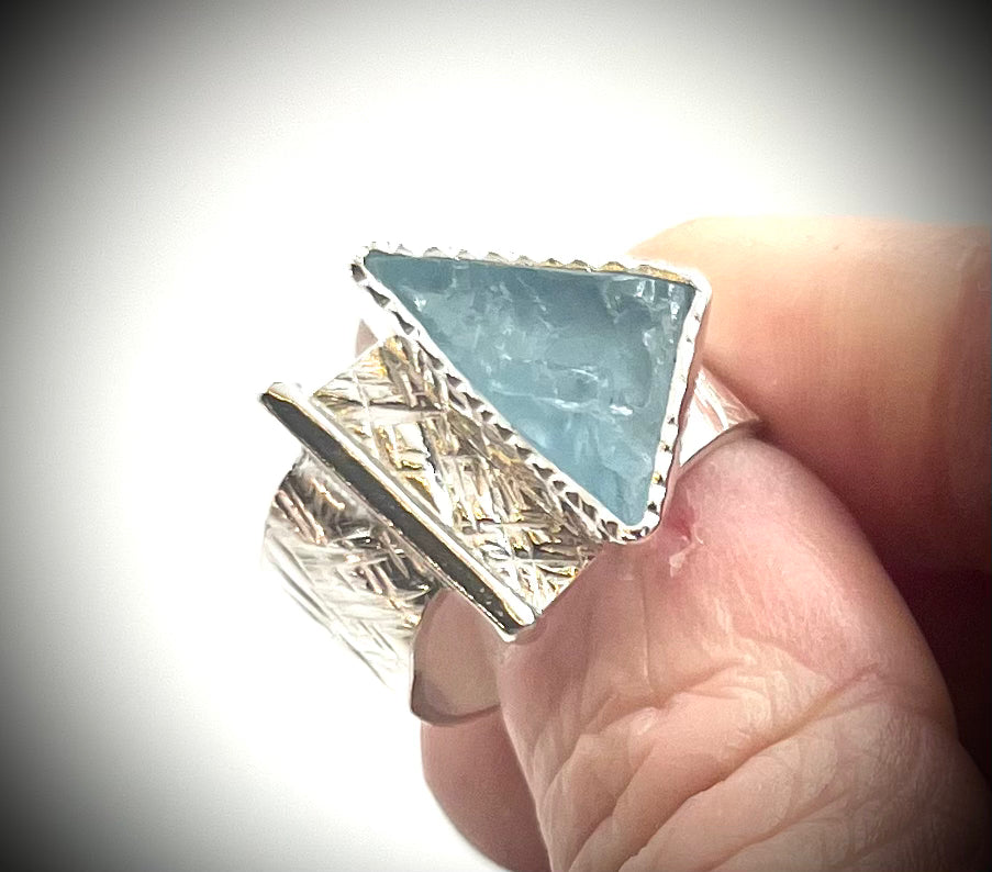 Cross-Hatched Natural Surface Aquamarine Ring