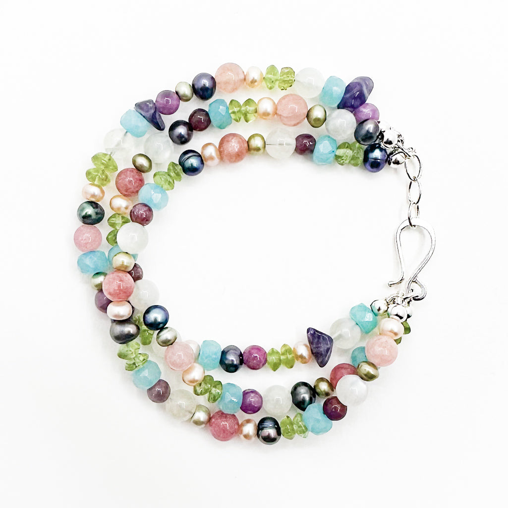 Sterling Triple Strand Multi Stone and Pearl Bracelet