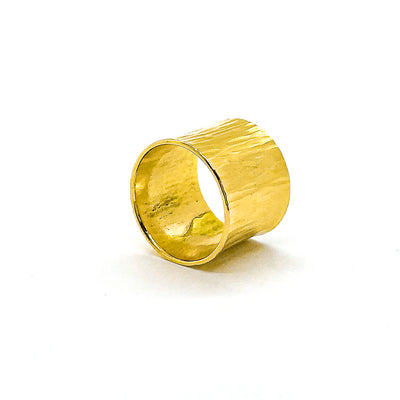 side angle view of 14k Gold Wide Hammered Band by Judie Raiford