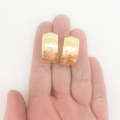 14k Gold Wedding Ring Hoop Earrings by Judie Raiford held in hand