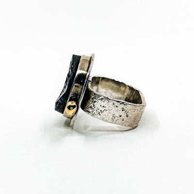 left side view of size 6 Sterling Natural Surface Tourmaline Ring with 14k Gold Ball by Judie Raiford
