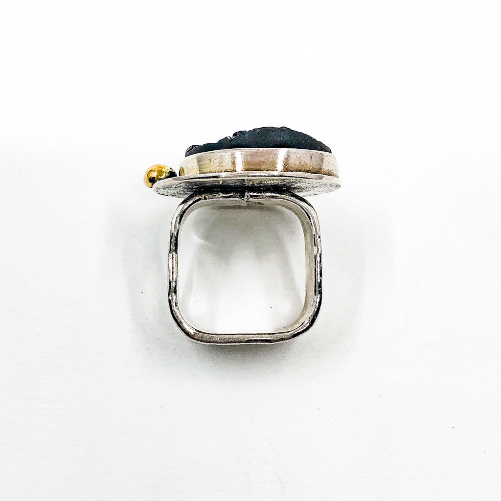 over top view of size 6 Sterling Natural Surface Tourmaline Ring with 14k Gold Ball by Judie Raiford