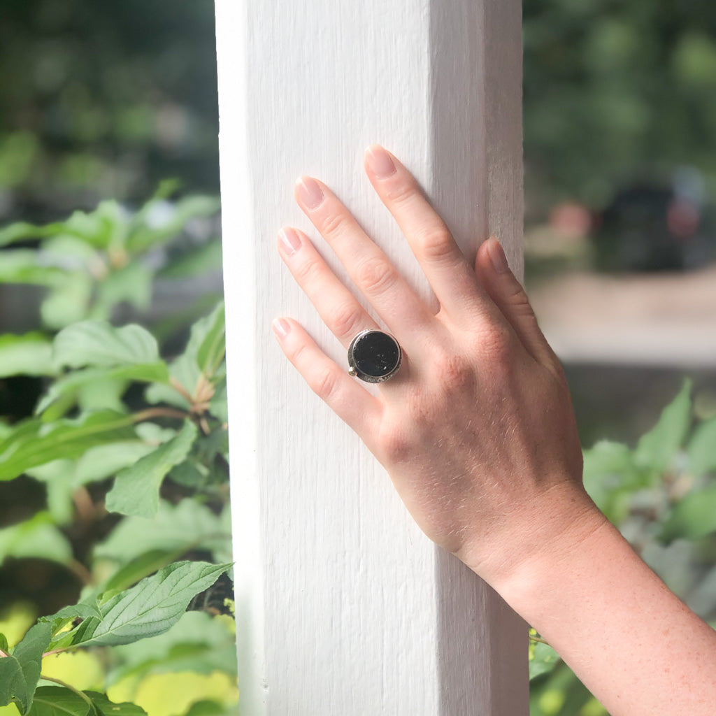 size 6 Sterling Natural Surface Tourmaline Ring with 14k Gold Ball by Judie Raiford on model