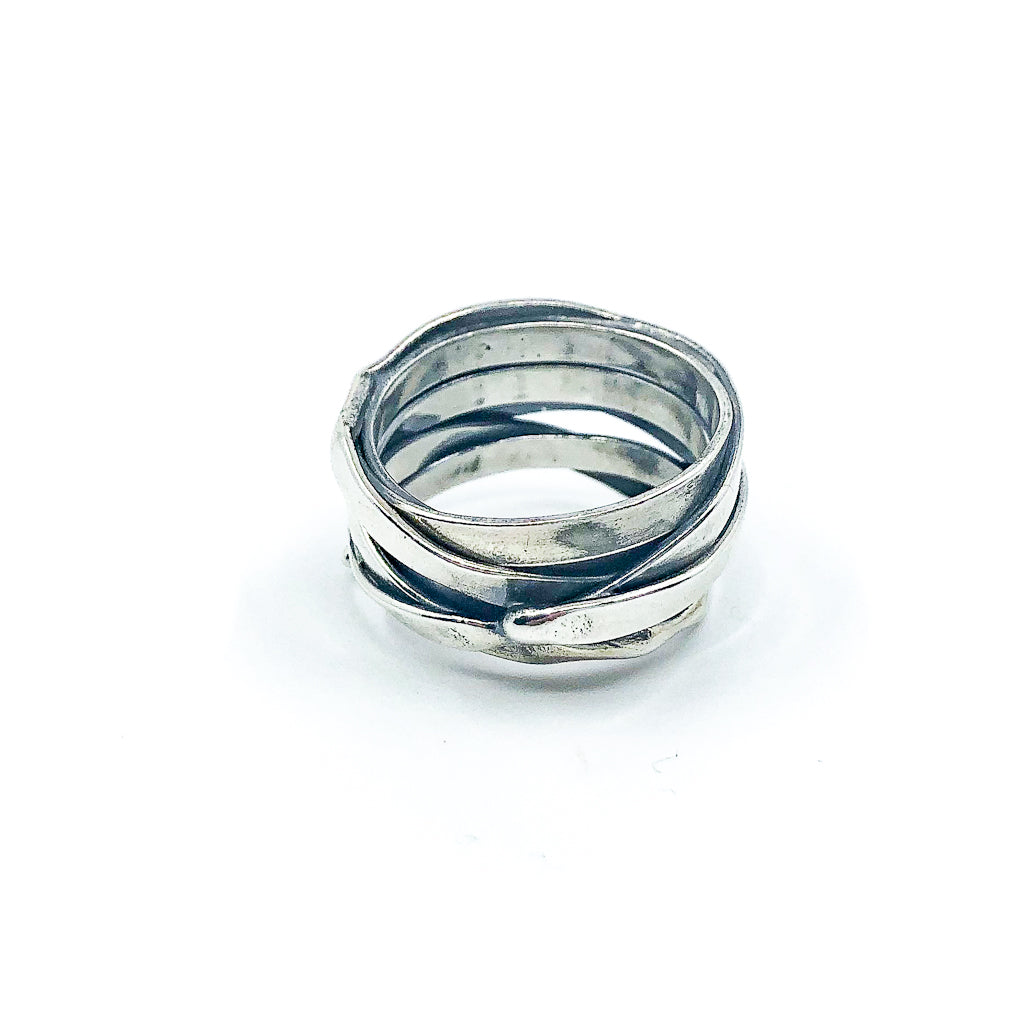right side view of size 10.75 Men's Sterling Flattened Random Theory Ring by Judie Raiford