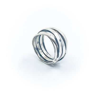 side angle view of size 10.75 Men's Sterling Flattened Random Theory Ring by Judie Raiford