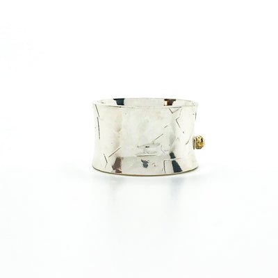 right side view of Sterling Anticlastic X Hammered Ring with 14k Ball by Judie Raiford