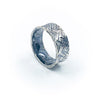 side angle view of size 11 Men's Oxidized Sterling Cross Hatch Band Ring by Judie Raiford