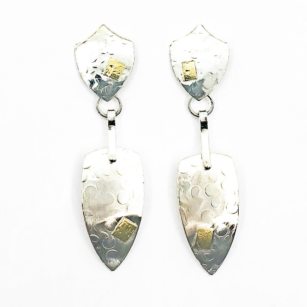 Sterling and 14k Shield Double Textured Earrings by Judie Raiford