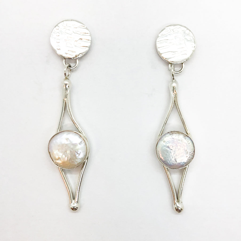 Sterling silver Split Earrings with White Coin Pearl by Judie Raiford
