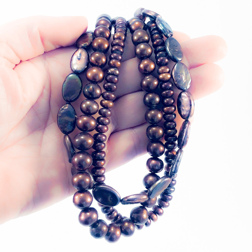 Triple Strand Copper Coin and Round Pearl Necklace