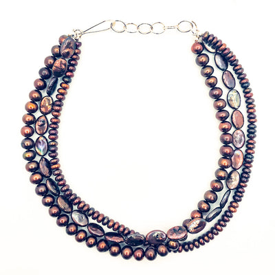 Triple Strand Copper Coin and Round Pearl Necklace by Judie Raiford