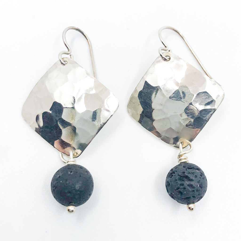 Sterling Ball Pein Hammered Goat Earrings with black lava by Judie Raiford