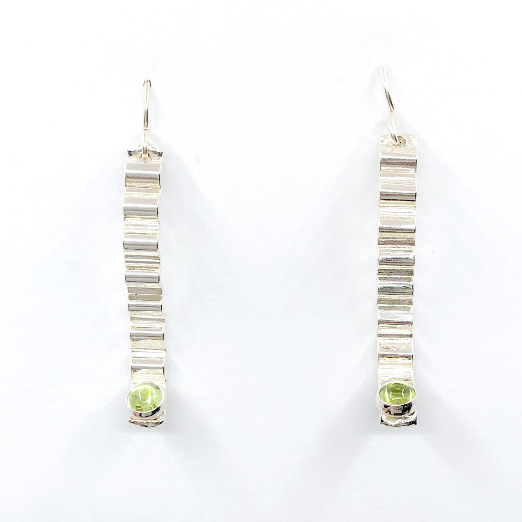 Short Sterling Corrugated Wave Stick Ears with Peridot and french hook by Judie Raiford