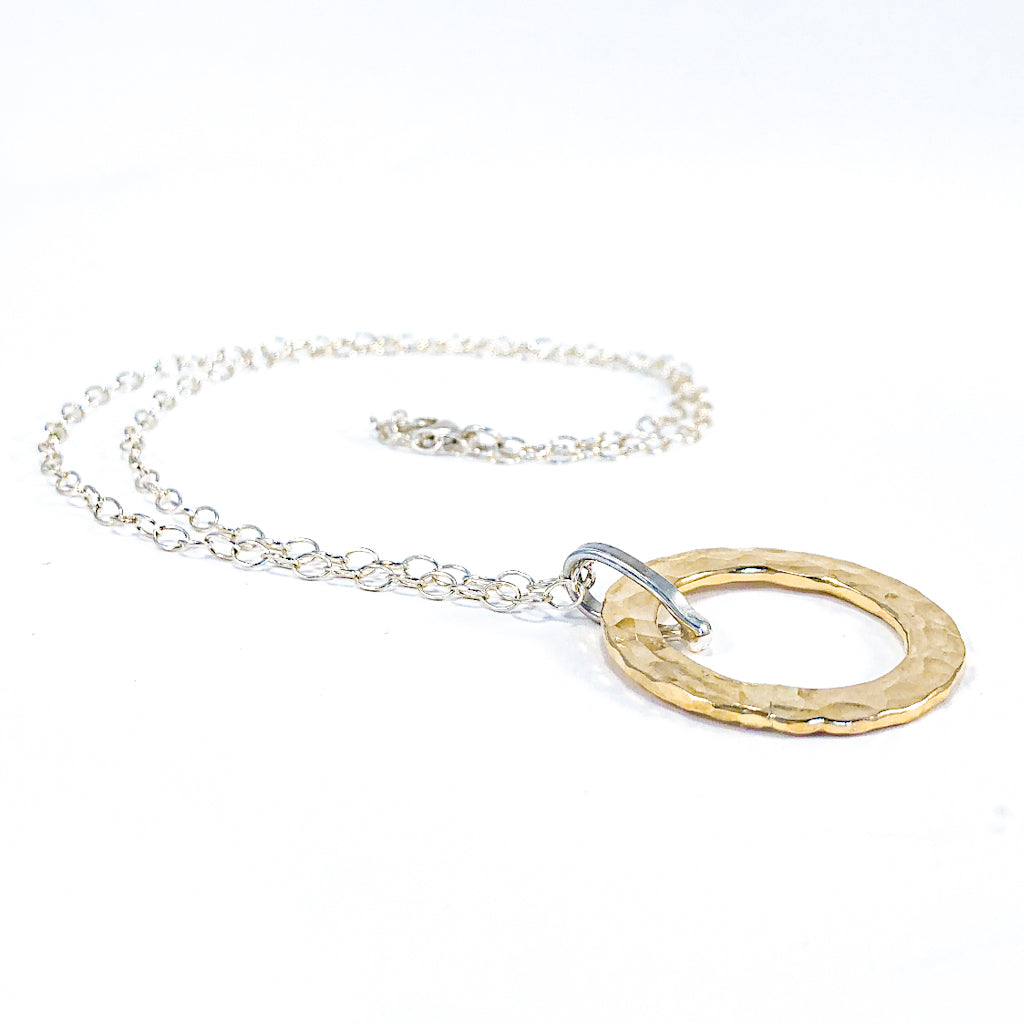 Sterling and 14k Gold Filled Ball Pein Hammered Circle Pendant Necklace