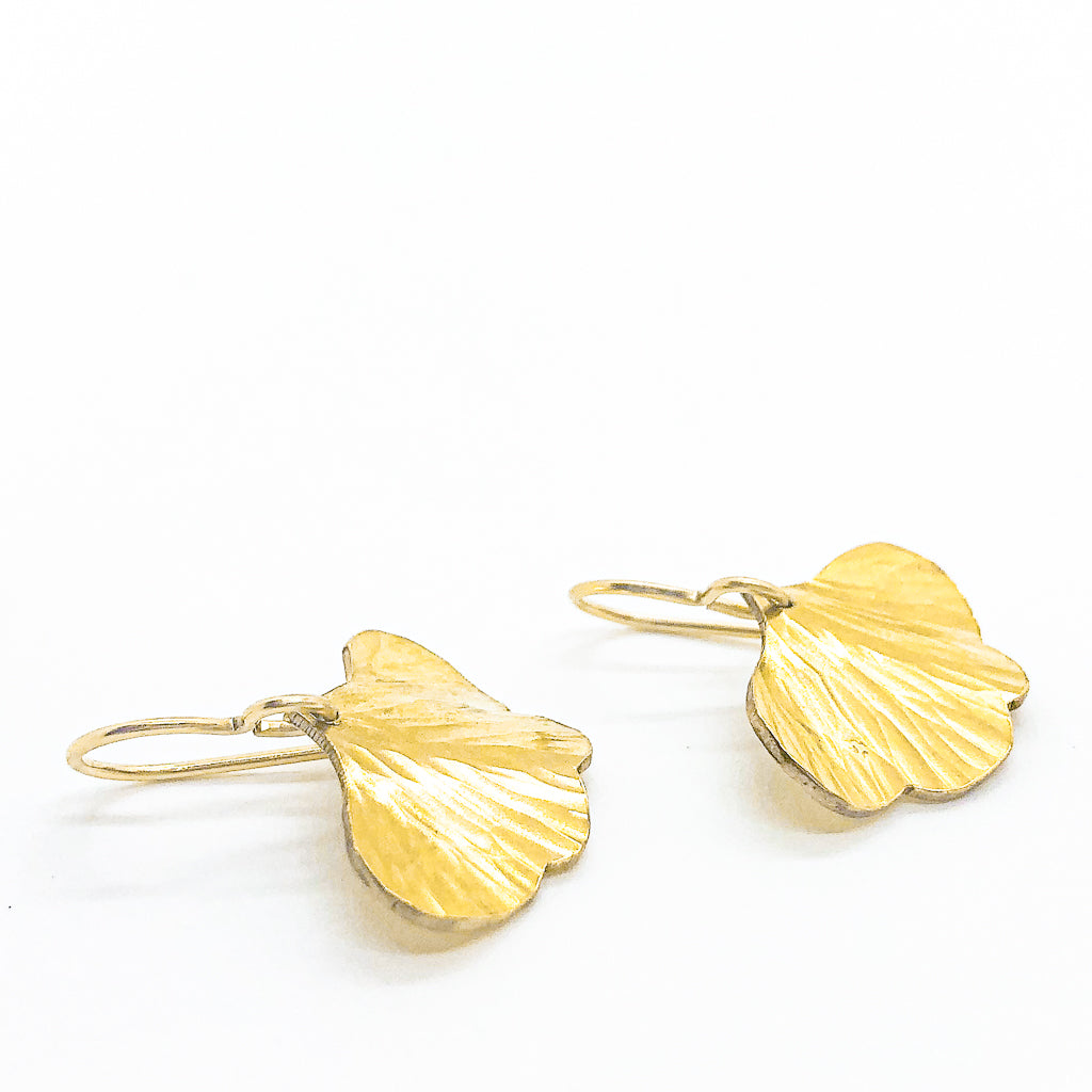 side angle view of 14k Gold Filled Mini Ginkgo Earrings by Judie Raiford