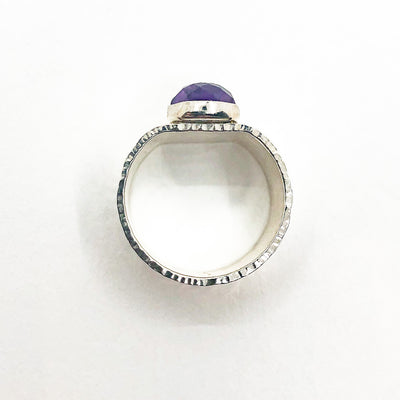 over top view of size 6.5 Sterling Cross Pein Hammered Ring with Amethyst by Judie Raiford