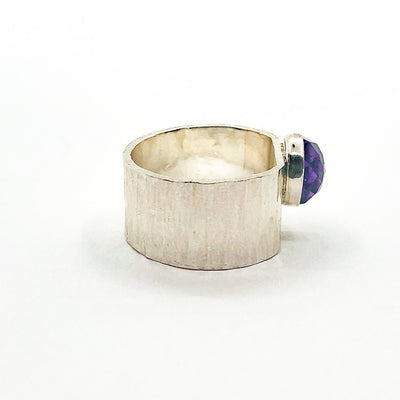 right side view of size 6.5 Sterling Cross Pein Hammered Ring with Amethyst by Judie Raiford