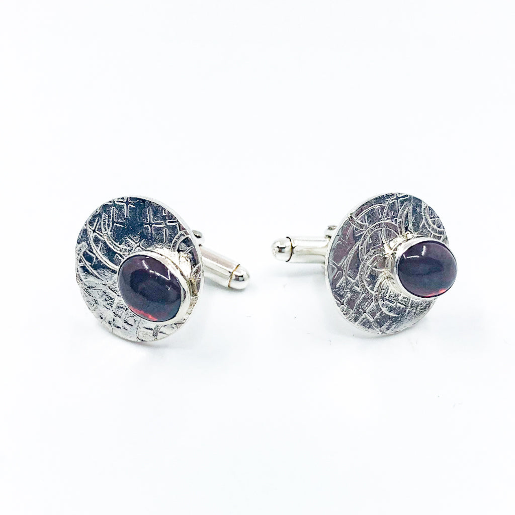 Sterling Circle Cuff Links with Garnet