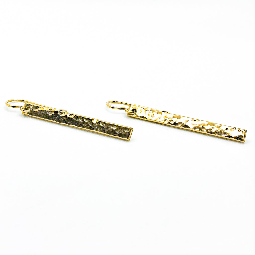side angle view of 14k Gold Filled Ball Pein Bar Earrings by Judie Raiford