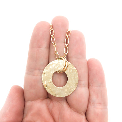14k Gold Filled Ball Pein Hammered Flat Circle Necklace