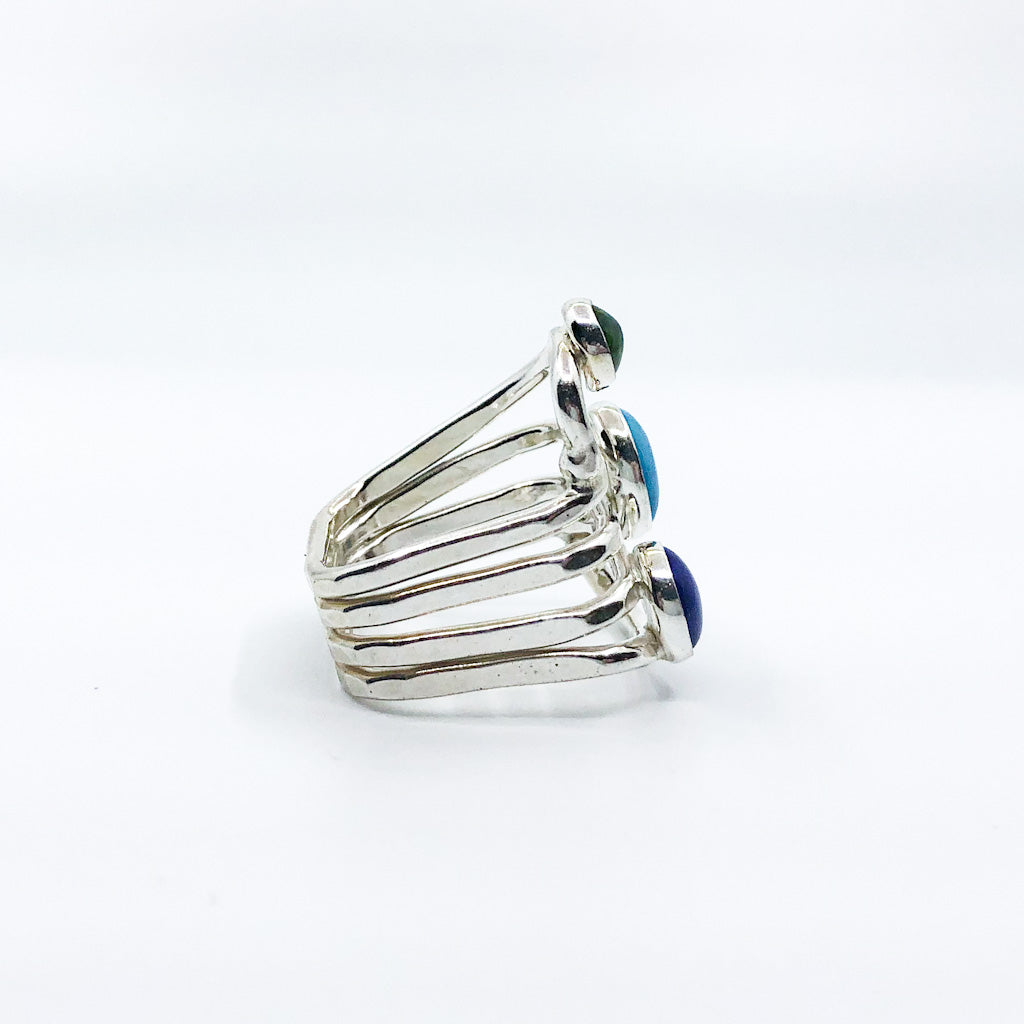 right side view of size 11 Sterling Wrap Ring with Peridot, Lapis, and Turquoise by Judie Raiford
