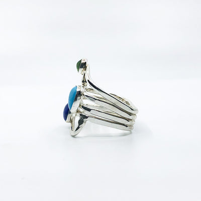 left side view of size 11 Sterling Wrap Ring with Peridot, Lapis, and Turquoise by Judie Raiford