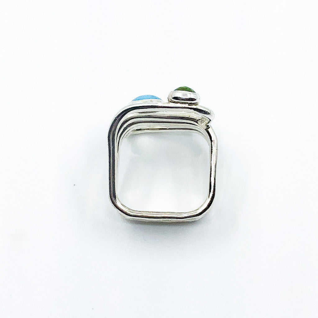 over top view of size 11 Sterling Wrap Ring with Peridot, Lapis, and Turquoise by Judie Raiford