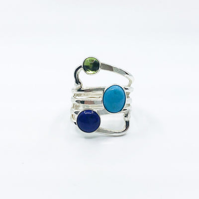 size 11 Sterling Wrap Ring with Peridot, Lapis, and Turquoise by Judie Raiford