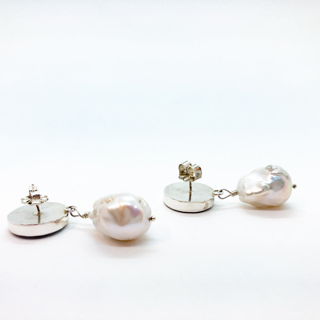 back side view of Sterling Irina Earrings with White Pearls by Judie Raiford