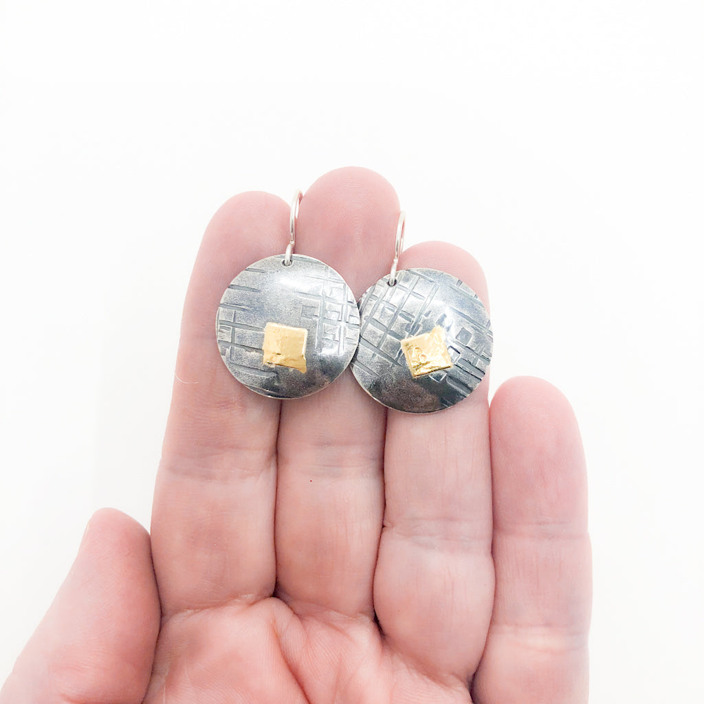 Sterling & 24K Gold Round Disc Earrings with Square Hammer Texture