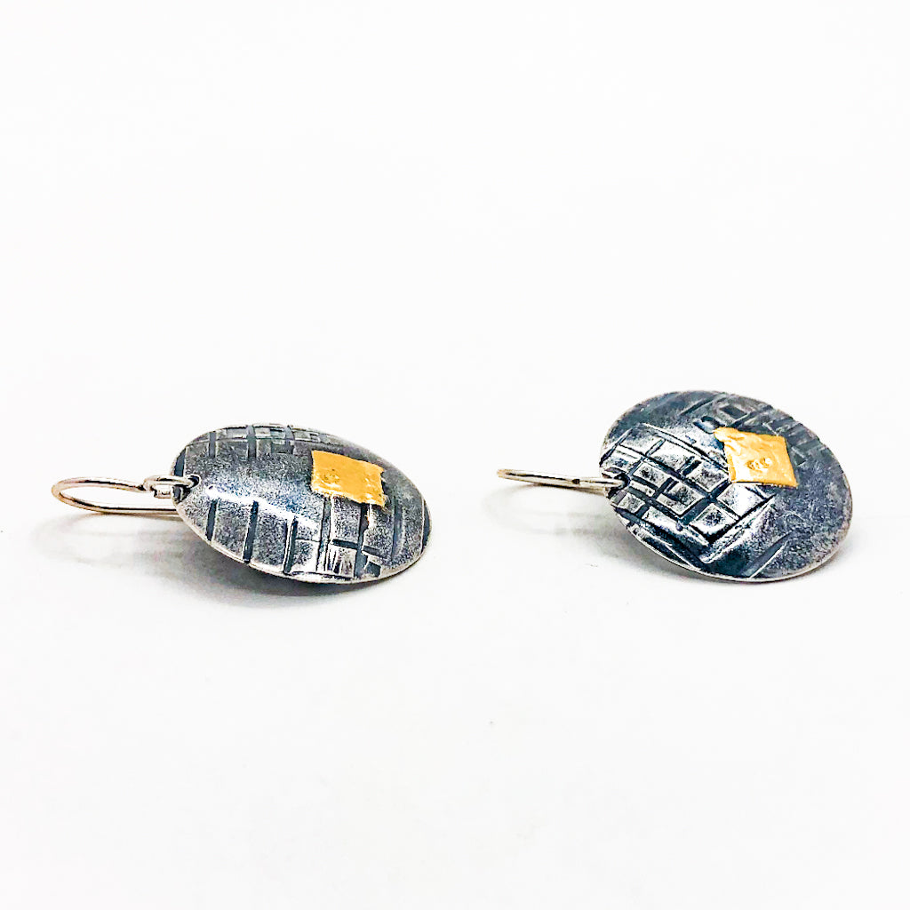 Sterling & 24K Gold Round Disc Earrings with Square Hammer Texture