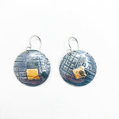 Sterling & 24K Gold Round Disc Earrings with Square Hammer Texture