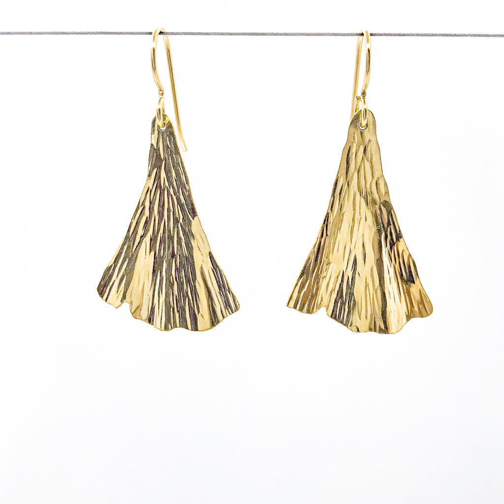 14k Gold Filled Ginkgo Ra Ra Earrings by Judie Raiford hanging on a wire
