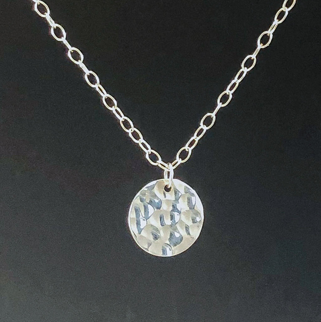 Sterling Ball Pein Textured Mini Flat Circle Disc Necklace