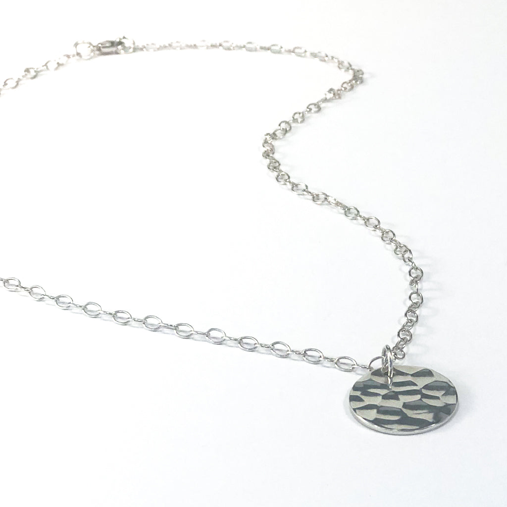 Sterling Ball Pein Textured Mini Flat Circle Disc Necklace