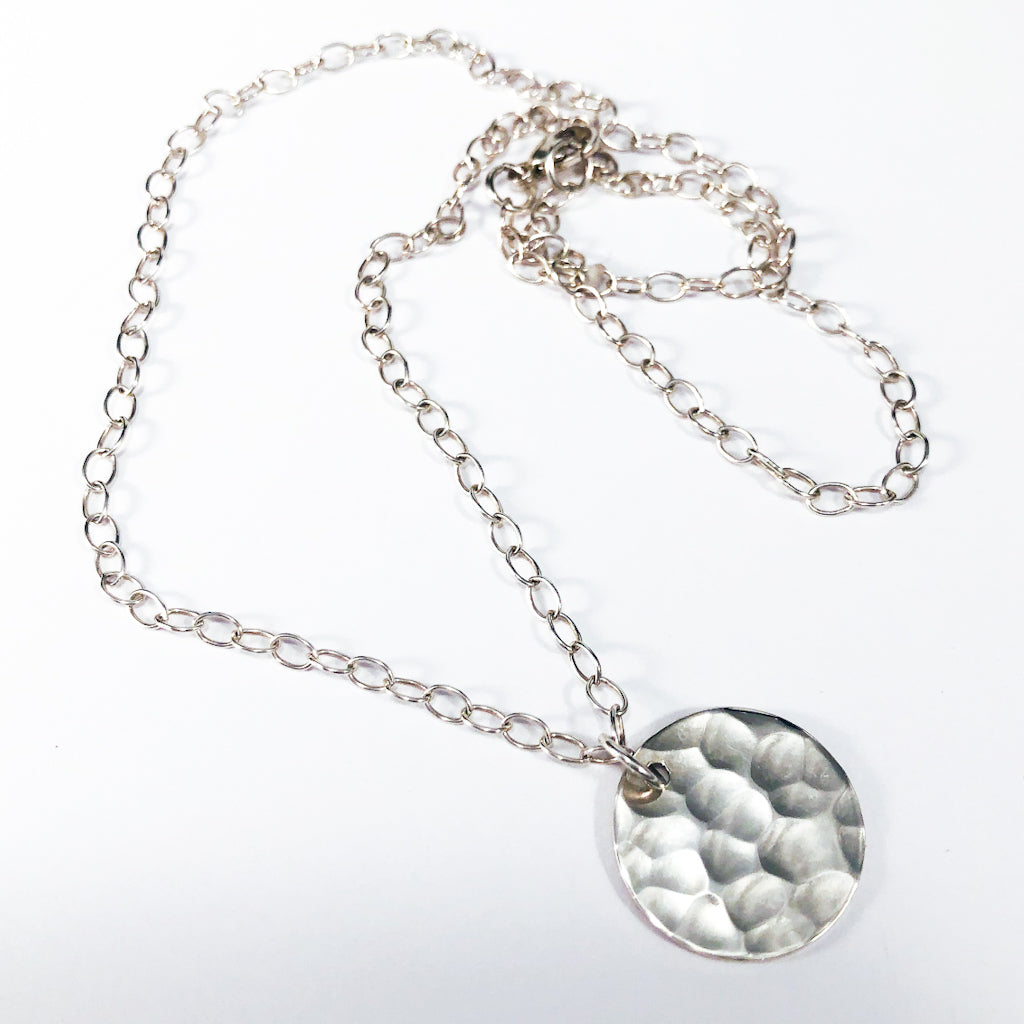 Sterling Ball Pein Textured Mini Flat Circle Disc Necklace