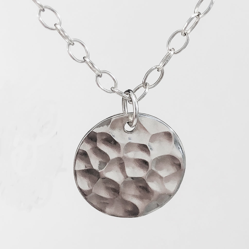 Sterling Ball Pein Textured Mini Flat Circle Disc Necklace